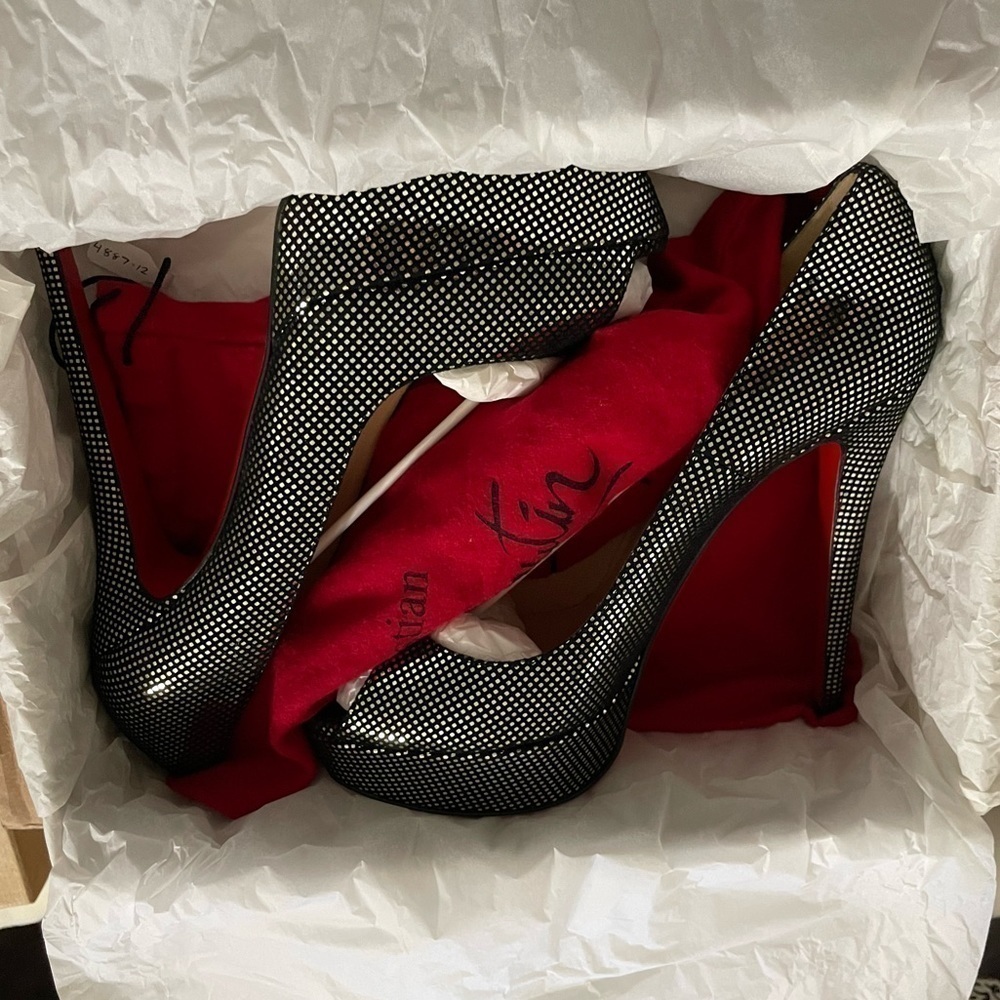 Christian Louboutin Lady Peep plaid polka glitter pump 140mm 1” platform EU38.5